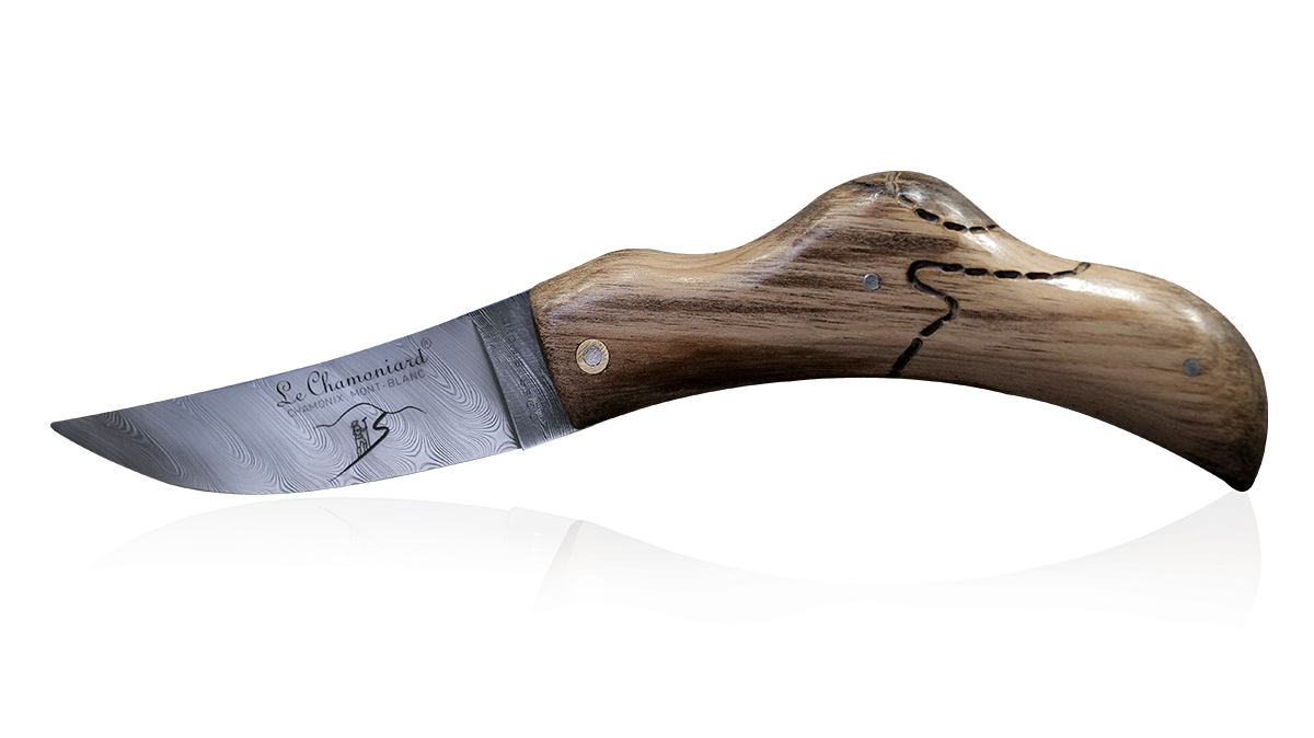 Couteau pliant artisanal en arolle bois fossile et lame Damas